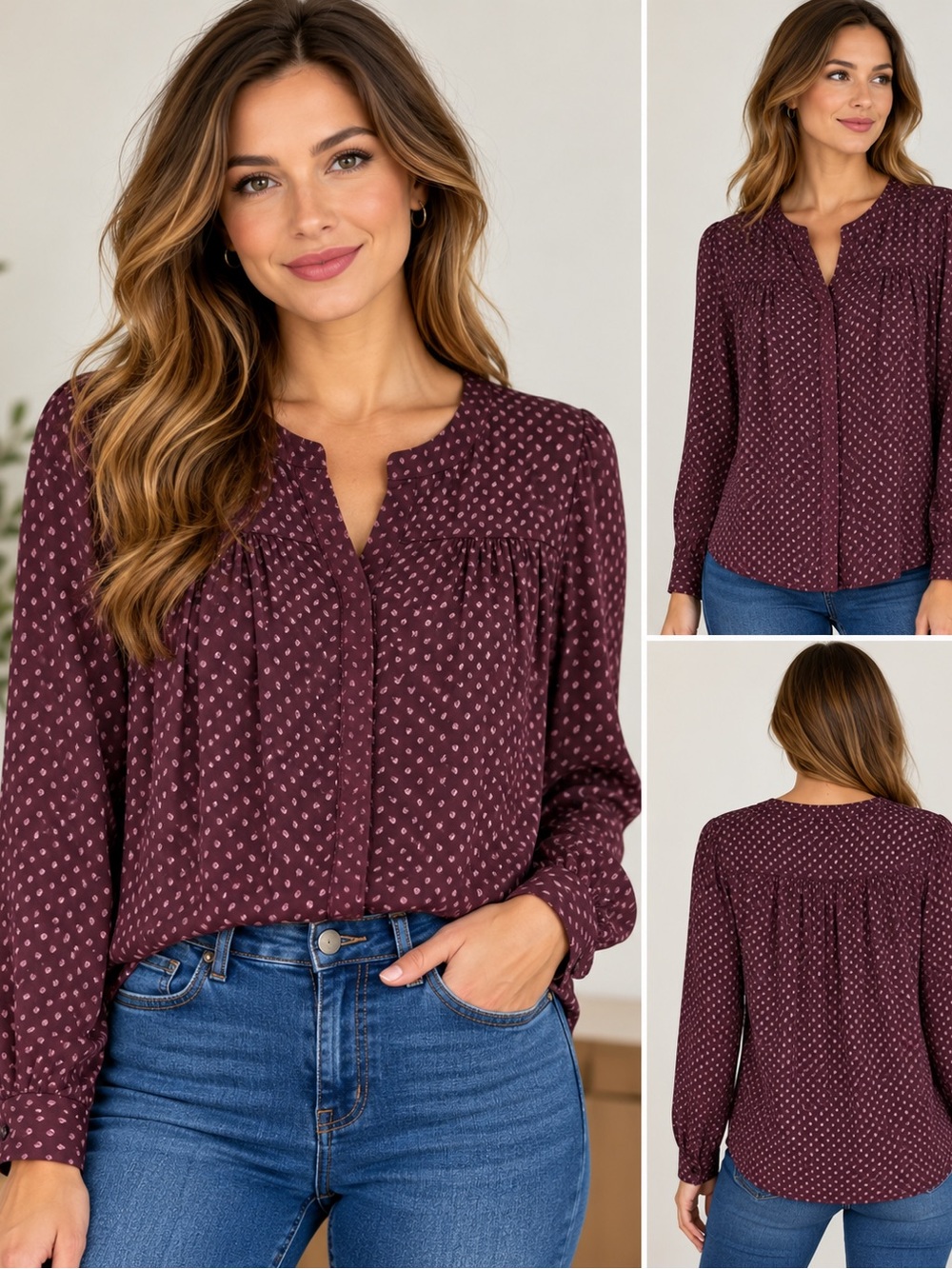 LOFT Maroon Printed Peasant Long Sleeve Blouse Size M Office Business Casual